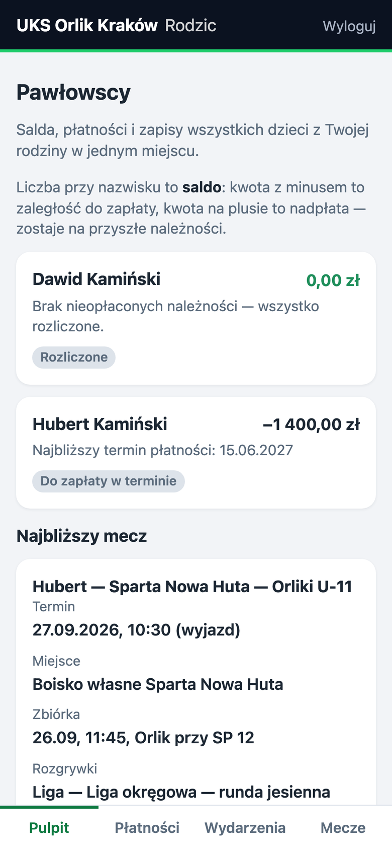 Pulpit rodzica: saldo każdego dziecka, najbliższy termin płatności i najbliższy mecz.