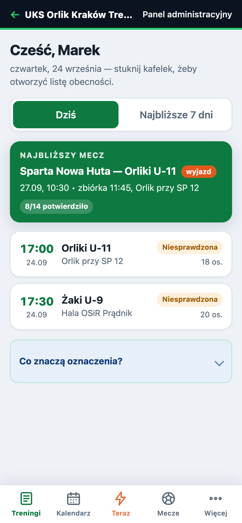 Aplikacja trenera na telefonie: najbliższy mecz z liczbą potwierdzonych powołań i dzisiejsze treningi.