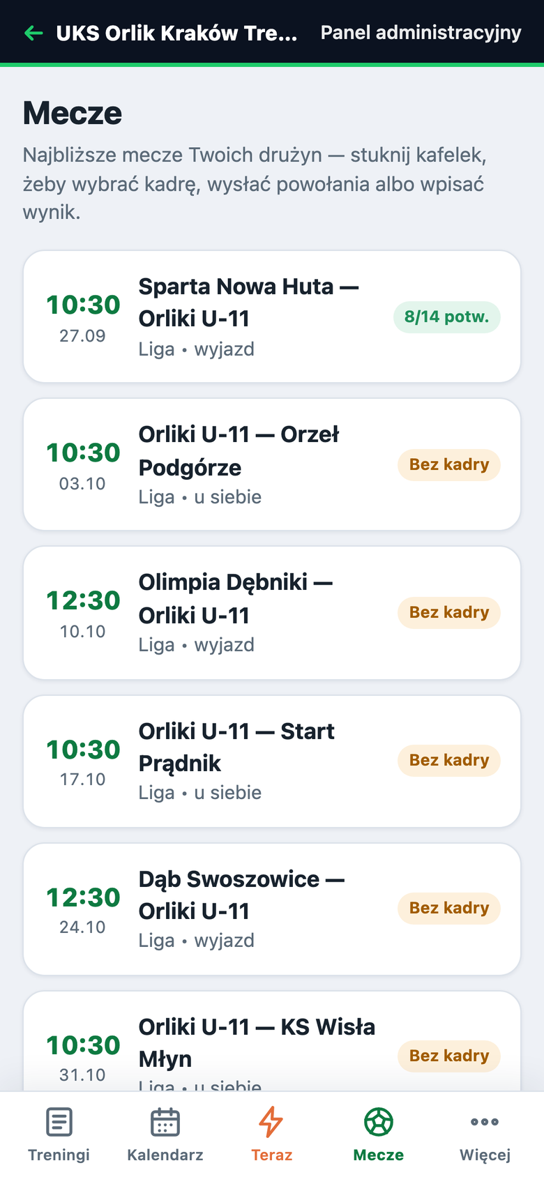 Terminarz meczów drużyny z liczbą potwierdzonych powołań.