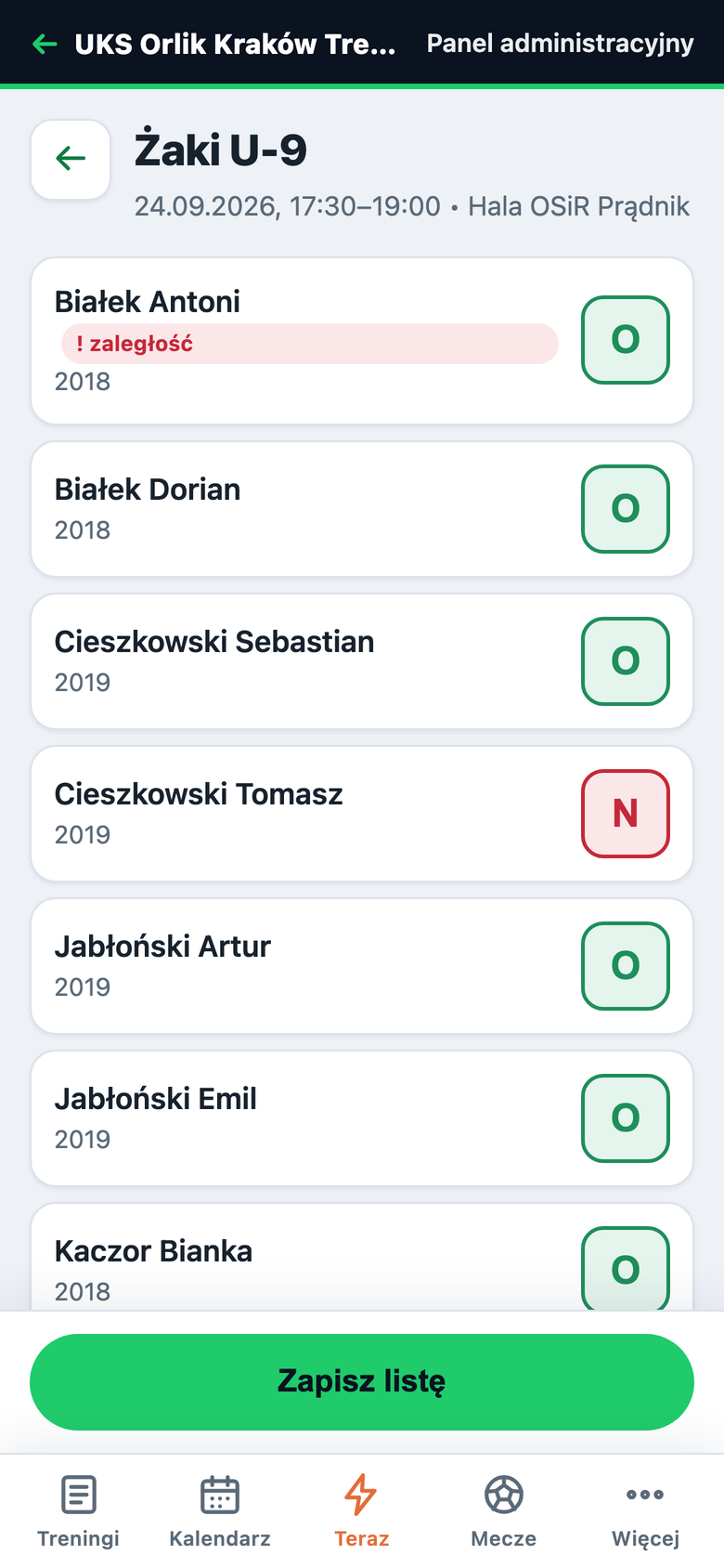 Lista obecności na treningu w aplikacji trenera.